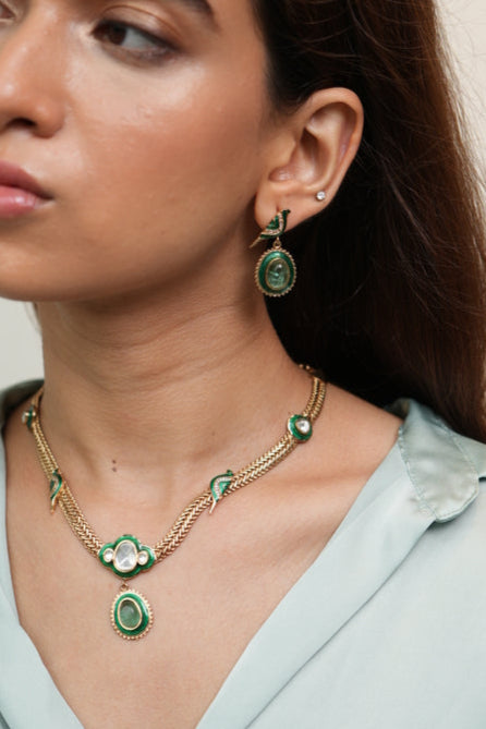 Mayura Trail Kundan Necklace Set Green Enamel